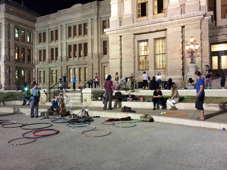 Hula hoops on the steps of the Texas State Capitol 