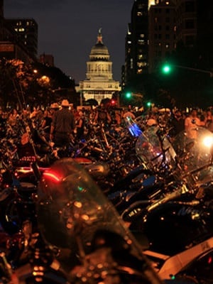 Motorcycles-Congress-Avenue-Texas-State-Capitol-ROT-Rally Bikes line Congress Avenue in front of the Capitol during ROT Rally