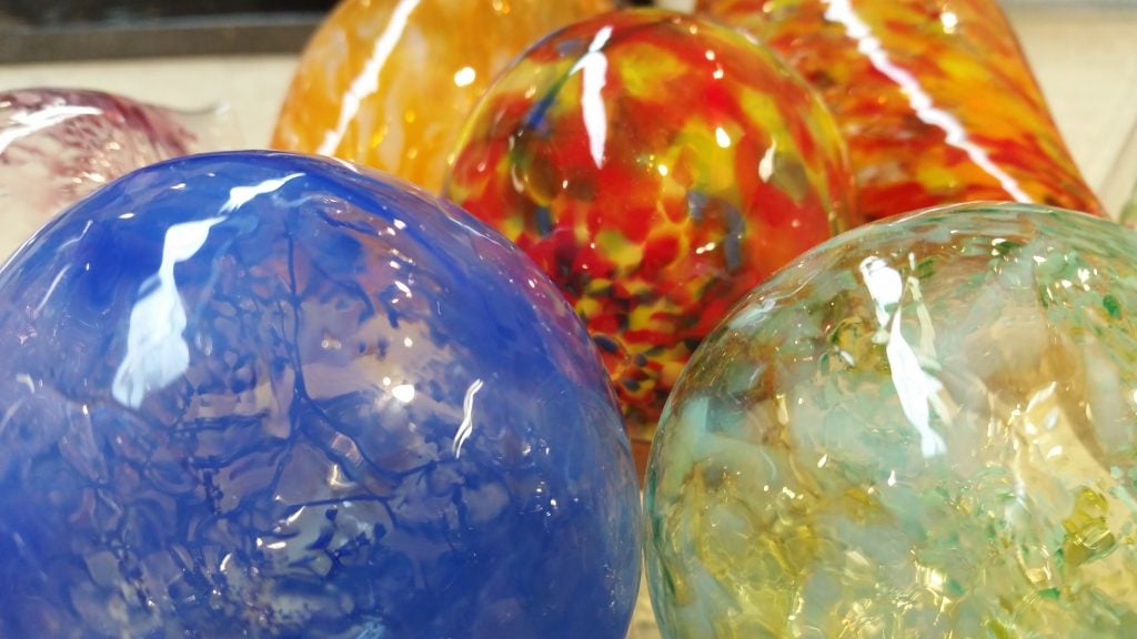 Glass blown ornaments at Blue Moon Glassworks