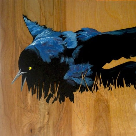 oil painting of a fussy grackle