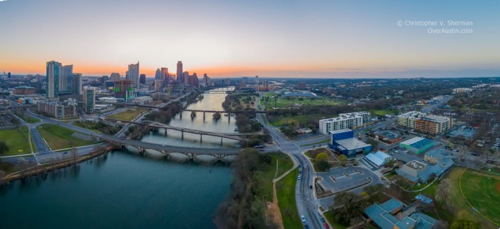 Drone Photo of Downtown Austin and Lady Bird Lake