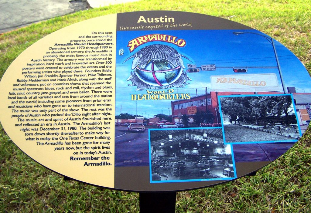 The Armadillo World Headquarters Plaque (Photo credit Larry D. Moore CC BY-SA 3.0 wikicommons)