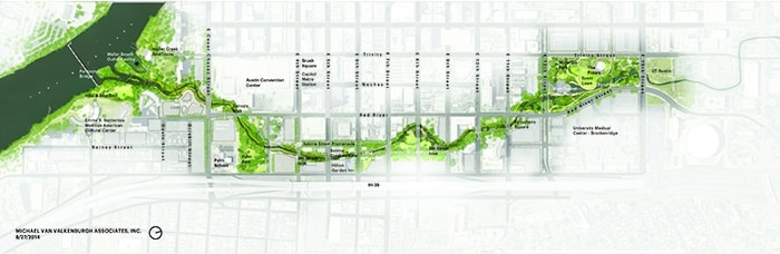 Map of Waller Creek through downtown Austin
