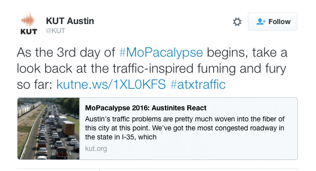 Screenshot of Twitter post about MoPac traffic woes.
