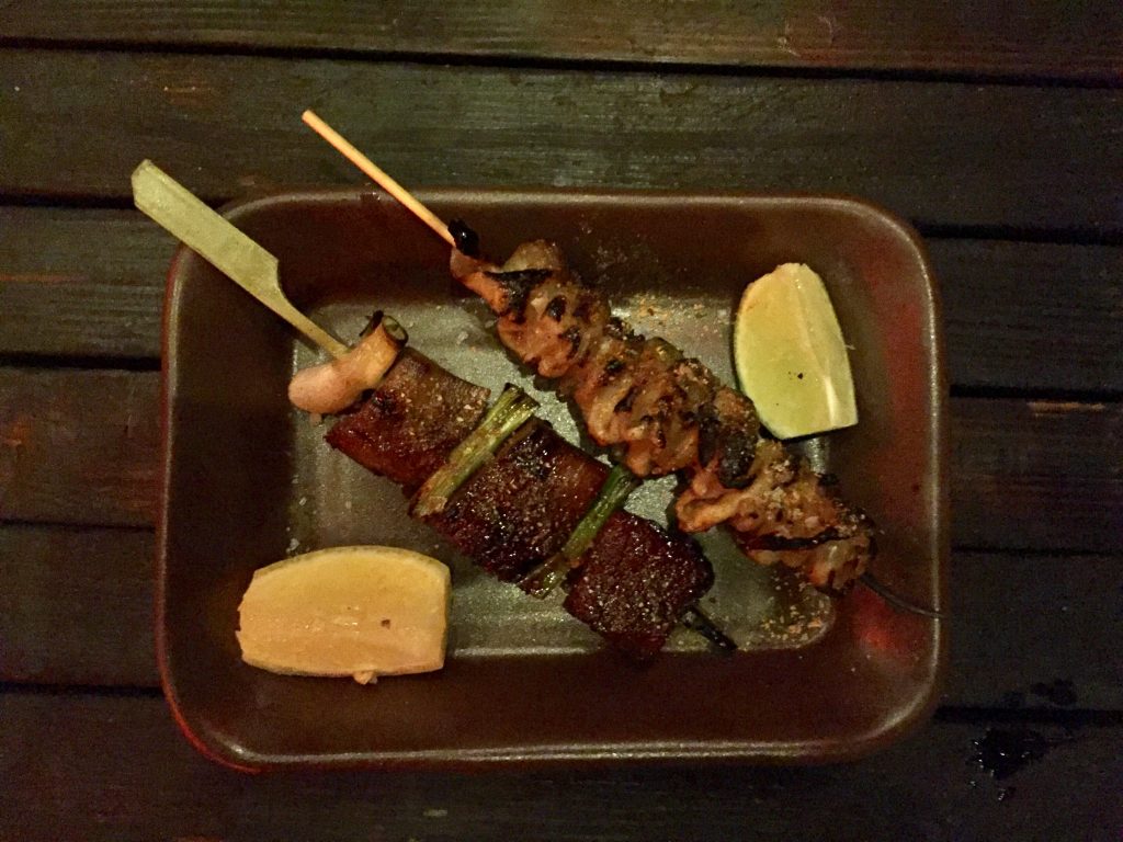 Beef tongue and chicken heart skewers at Kemari Tatsu-ya