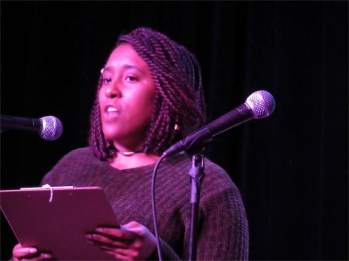 Filmmaker Alexandra Thomas reads a thought provoking piece at One Page Salon