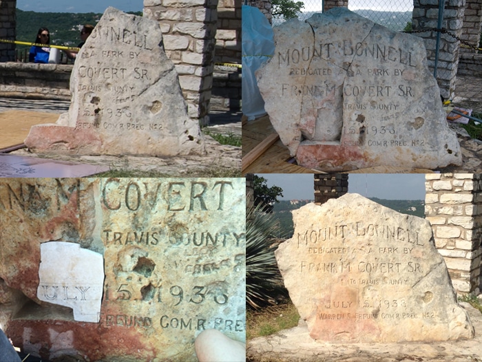repairing the Frank Covert monument at Mount Bonnell