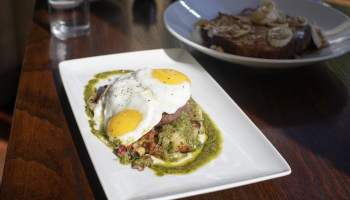 Steak and Hash (front), Vanilla French Toast (back)