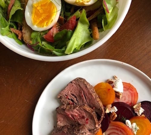 Spring peppercorn beef, chard cobb, and beet and goat cheese