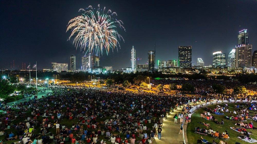 4th july events in Austin - Fireworks with Austin Skyline in the Background