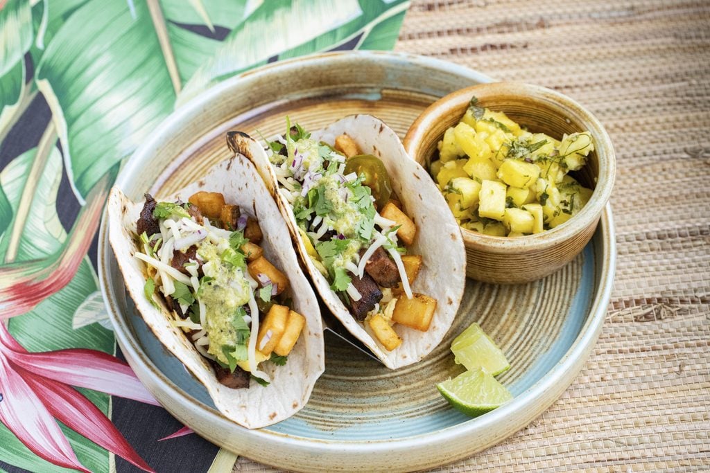 Brisket breakfast tacos with a side of Thai pineapple salad for Austin Brunch