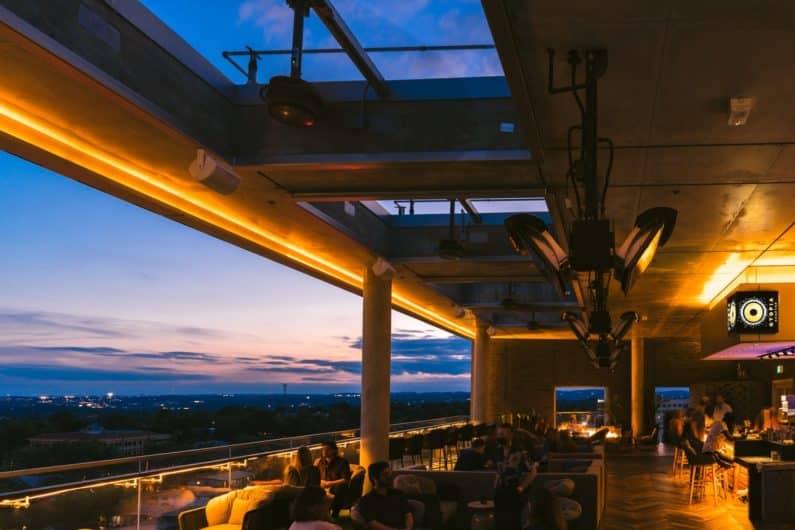 Otopia Rooftop Bar Showing Patio Area and Downtown Views of Austin