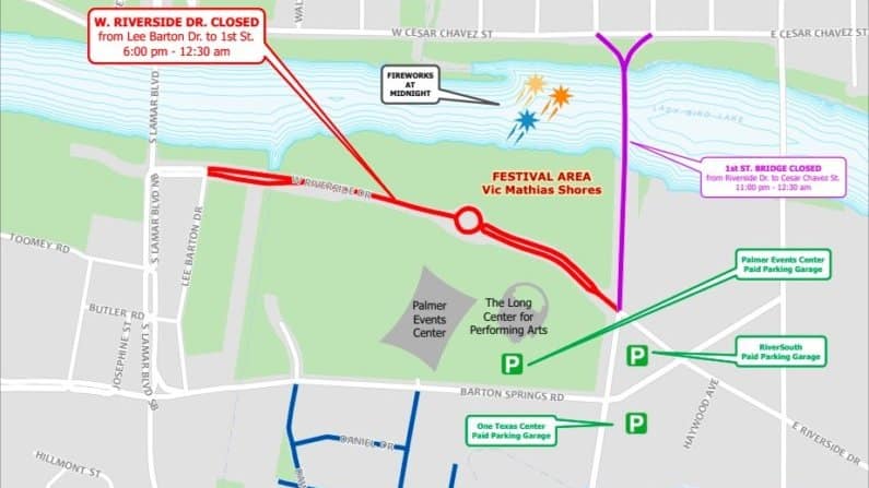 New Year's Eve Fireworks Austin - Map Road Closures